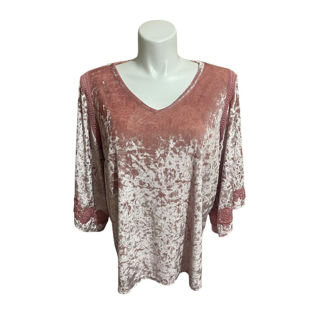 Westport‎ 1962 Crushed Velvet Top Blouse Pink Lace Trim Bell Sleeve Romantic 1X